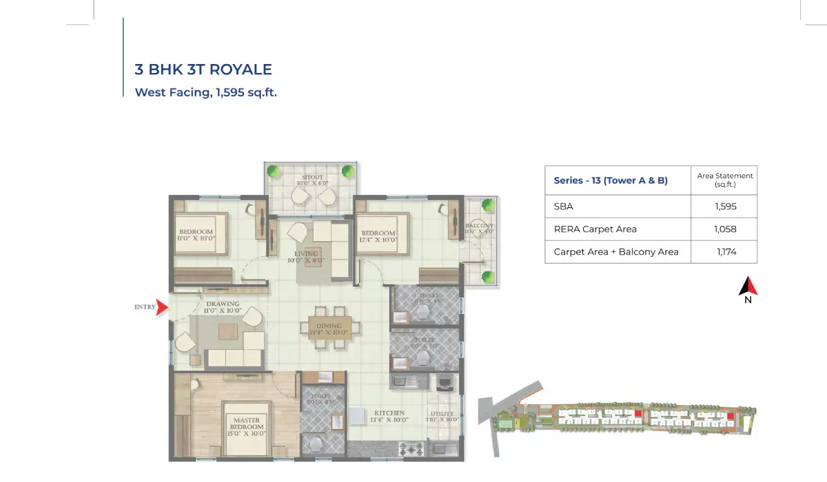 Abhee Bommasandra floor plan 3 bhk 3t west facing